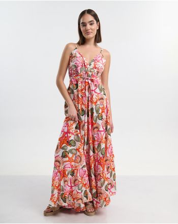 ΜΑΚΡΥ ΦΟΡΕΜΑ ΛΕΥΚΟ ΑΜΑΝΙΚΟ  ΜΕ ΛΕΠΤΟΜΕΡΕΙΕΣ ΠΡΑΣΙΝΕΣ/ΚΟΚΚΙΝΕΣ ONE SIZE ( 100% COTTON)