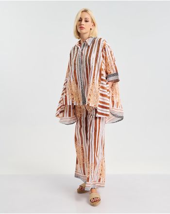 ΠΟΥΚΑΜΙΣΟ 3/4 ΣΕ  ΛΕΥΚΟ/ΚΑΦΕ ΧΡΩΜΑ ΜΕ ΜΑΥΡΕΣ/ΧΡΥΣΕΣ ΛΕΠΤΟΜΕΡΕΙΕΣ  ONE SIZE ( 100% COTTON)