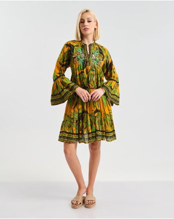 SHORT DRESS WITH 3/4 SLEEVES IN GREEN/ORANGE COLOR WITH ''TROPICAL'' DETAILS S/M (100% COTTON)