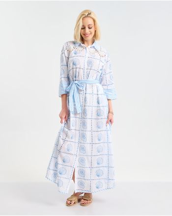 LONG DRESS/KAFTAN 3/4 SLEEVE IN WHITE COLOR WITH SEASHELLS L/XL (100% COTTON)