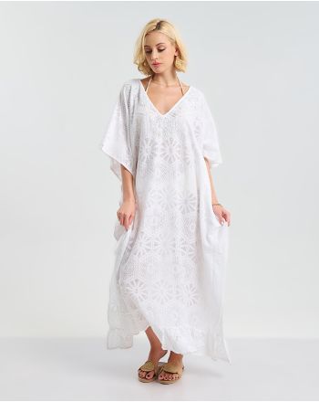 ΜΑΚΡΥ ΛΕΥΚΟ ΚΑΦΤΑΝΙ  ΜΕ ΚΕΝΤΗΤΑ ΛΟΥΛΟΥΔΙΑ ONE SIZE  ( 100% COTTON)