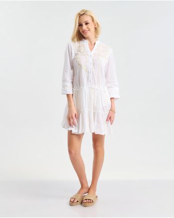  WHITE DRESS  WITH EMBROIDERED GOLD/ BUTTONS L/XL  (100% COTTON)