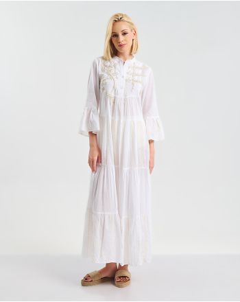 LONG DRESS IN WHITE COLOR WITH GOLD DETEILS  ONE SIZE  (100% COTTON)