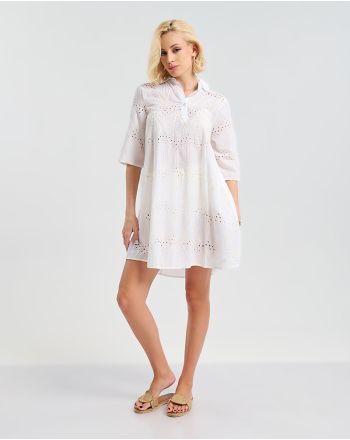 SHORT DRESS  IN WHITE COLOR 3/4 SLEEVES WITH  PERFORATED S/M (100% COTTON)