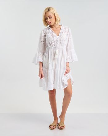 DRESS  IN WHITE COLOR  WITH FLORAL LACE ONE SIZE (100% COTTON)