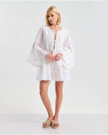 ΦΟΡΕΜΑ ΛΕΥΚΟ ME ΔΙΑΚΟΣΜΗΤΙΚΑ ΦΟΥΝΤΑΚΙΑ ΜΕ BOHO ΑΙΣΘΗΤΙΚΗ ONE SIZE ( 100% COTTON)