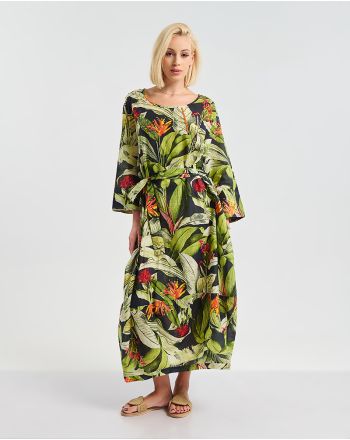 ΜΑΚΡΥ ΦΟΡΕΜΑ/ΚΑΦΤΑΝΙ ΠΡΑΣΙΝΟ/ΜΑΥΡΟ ''LEAVES'' ΜΕ ΖΩΝΗ ONE SIZE ( 100% COTTON)