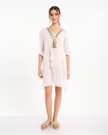 KAFTAN IN WHITE COLOR WITH GOLD DETAILS ONE SIZE (100% COTTON)