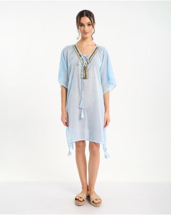 KAFTAN IN BLUE COLOR WITH GOLD DETAILS ONE SIZE (100% COTTON)