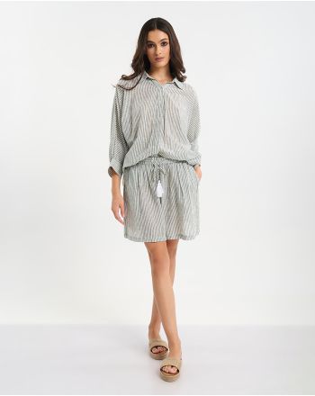 S/2 ΠΟΥΚΑΜΙΣΟ ΚΑΙ ΣΟΡΤΣΑΚΙ ΛΕΥΚΟ/ΓΚΡΙ ΜΕ ΡΙΓΕΣ ΚΑΙ ΚΕΝΤΗΜΑ ΣΤΗ ΠΛΑΤΗ ONE SIZE (100% COTTON)