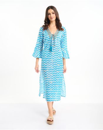 ΚΑΦΤΑΝΙ ΜΑΚΡΥ ΛΕΥΚΟ/ΜΠΛΕ ΄΄ΚΥΜΑΤΑ'' ΜΕ ΧΡΥΣΕΣ ΛΕΠΤΟΜΕΡΕΙΕΣ ONE SIZE (100% COTTON)