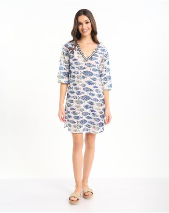 KAFTAN IN WHITE/BLUE COLOR WITH FISH ONE SIZE (100% COTTON)