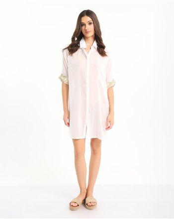 SHIRT/KAFTAN IN WHITE COLOR WITH GOLD SEQUINS ONE SIZE (100% COTTON)