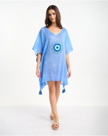 KAFTAN IN BLUE COLOR WITH EYE AND BEADS ONE SIZE (100% COTTON)