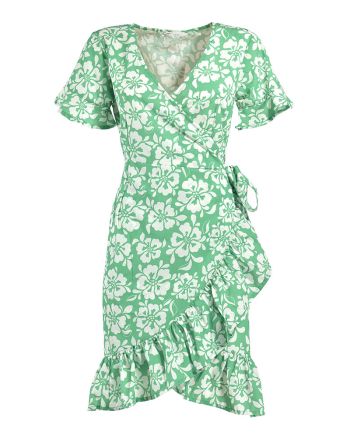 SHORT WRAP DRESS WITH SHORT SLEEVES GREEN/WHITE WITH FLOWERS ONE SIZE ( POLYCOTTON)