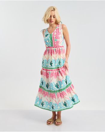 ΑΜΑΝΙΚΟ ΜΑΚΡΥ ΦΟΡΕΜΑ ΣΕ ΛΕΥΚΌ ΜΕ ΠΟΛΥΧΡΩΜΕΣ ΛΕΠΤΟΜΕΡΕΙΕΣ ONE SIZE ( 100% COTTON)