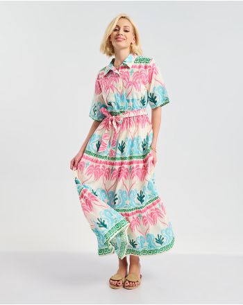 ΦΟΡΕΜΑ ΜΑΚΡΥ ME 3/4 MANIKI ΣΕ ΛΕΥΚΌ ΜΕ ΠΟΛΥΧΡΩΜΕΣ ΛΕΠΤΟΜΕΡΕΙΕΣ ONE SIZE ( 100% COTTON)