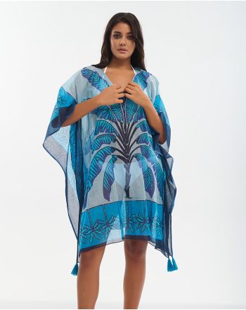 KAFTAN IN BLUE COLOR WITH PALM TREES ONE SIZE (100% COTTON)