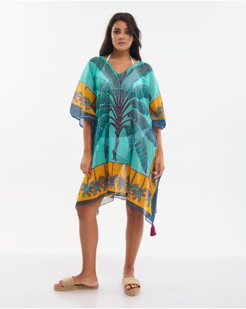 KAFTAN IN ORANGE/TURQUOISE COLOR WITH PALM TREES ONE SIZE (100% COTTON)