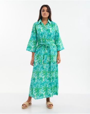 LONG SHIRT WITH BELT IN GREEN COLOR WITH LEAVES ONE SIZE (100% COTTON)