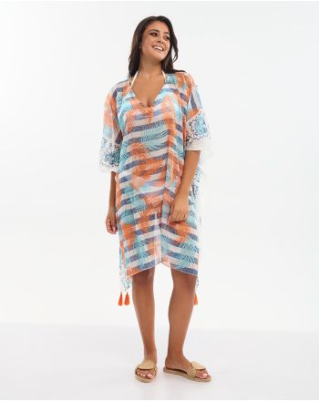 KAFTAN IN ORANGE/LIGHT BLUE COLOR WITH LEAVES ONE SIZE (100% COTTON)