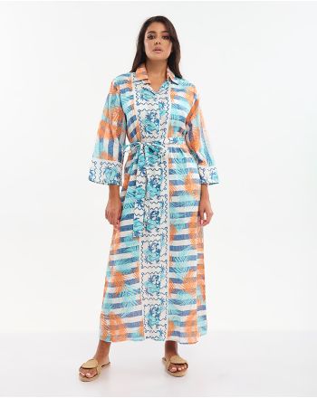LONG SHIRT WITH BELT IN ORANGE/LIGHT BLUE COLOR WITH LEAVES ONE SIZE (100% COTTON)