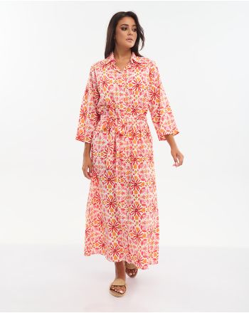 LONG SHIRT WITH BELT IN PINK COLOR WITH ORANGE FLOWERS ONE SIZE (100% COTTON)