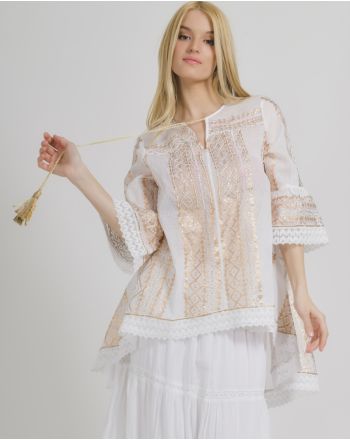 ASYMMETRIC DRESS IN WHITE/COPPER COLOR WITH BEADS AND LACE ONE SIZE ( 100% COTTON)