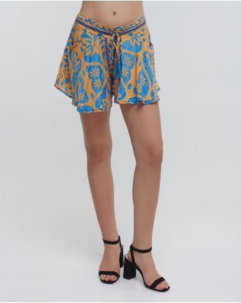 SHORTS WITH CORDS PRINTED WITH FLOWERS IN BLUE/ORANGE COLOR WITH GOLD DETAILS S/M (100% CREPE)