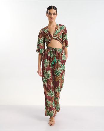 ΤΟΠ ΚΟΝΤΟ ΜΕ 3/4 ΜΑΝΙΚΙ ΔΕΤΟ ΚΑΦΕ/ΠΡΑΣΙΝΟ ΦΟΙΝΙΚΕΣ ONE SIZE  (60% SILK 40% POLYESTER)