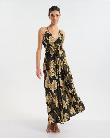 ΦΟΡΕΜΑ ΜΑΚΡΥ ΕΞΩΠΛΑΤΟ ΜΑΥΡΟ/ΧΡΥΣΟ ΦΟΙΝΙΚΕΣ ONE SIZE  (60% SILK 40% POLYESTER)