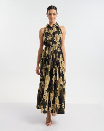 ΦΟΡΕΜΑ ΜΑΚΡΥ ΑΜΑΝΙΚΟ ΜΕ ΚΟΥΜΠΙΑ ΜΑΥΡΟ/ΧΡΥΣΟ ΜΕ ΦΟΙΝΙΚΕΣ ONE SIZE  (60% SILK 40% POLYESTER)