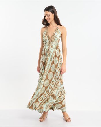 ΕΞΩΠΛΑΤΟ ΦΟΡΕΜΑ ΜΑΚΡΥ ΤΥΡΚΟΥΑΖ/ΚΑΦΕ ΜΕ ΚΟΧΥΛΙΑ ΚΑΙ ΧΡΥΣΕΣΛΕΠΤΟΜΕΡΕΙΕΣ ONE SIZE (60% SILK 40% POLYESTER)