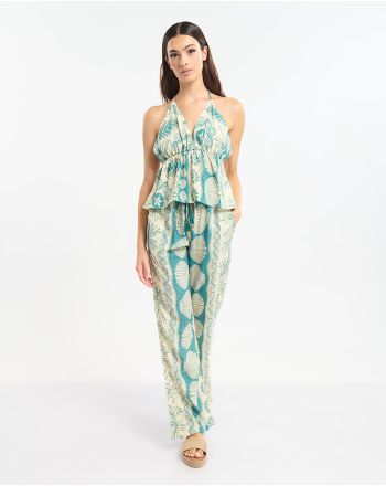 ΤΟΠ ΜΕ ΤΙΡΑΝΤΑ ΤΥΡΚΟΥΑΖ/ΕΚΡΟΎ ΜΕ ΧΡΥΣΕΣ ΛΕΠΤΟΜΕΡΕΙΕΣ ΚΑΙ ΚΟΧΥΛΙΑ ONE SIZE (60% SILK 40% POLYESTER)