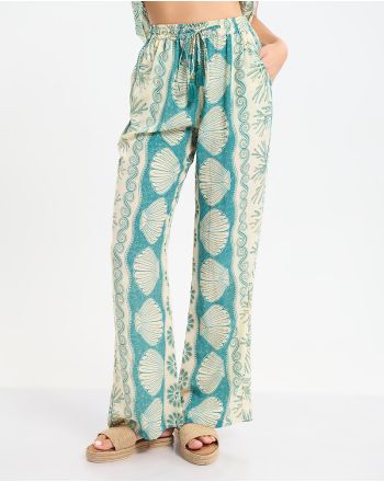 PANTS WITH POCKETS IN TURQUOISE/ECRU COLOR WITH GOLD DETAILS AND SHELLS S/M  (60% SILK 40% POLYESTER)
