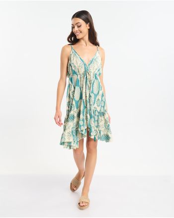 SHORT DRESS WITH STRAPS TURQUOISE/ECRU WITH GOLD DETAILS AND SHELLS ONE SIZE (60% SILK 40% POLYESTER)