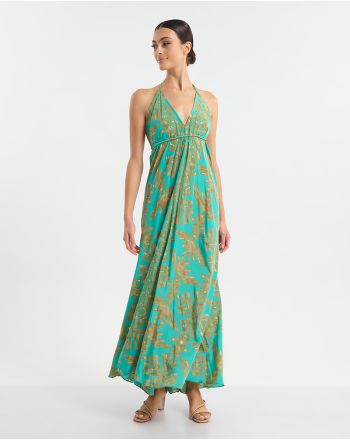 LONG BACKLESS DRESS TURQUOISE/GREEN COLOR  WITH GOLD DETAILS ONE SIZE (60% SILK 40% POLYESTER)