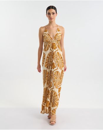 ΦΟΡΕΜΑ  ΕΞΩΠΛΑΤΟ ΜΑΚΡΥ ΣΕ ΕΚΡΟΎ ΧΡΩΜΑ ΜΕ ΧΡΥΣΕΣ ΛΕΠΤΟΜΕΡΕΙΕΣ ONE SIZE (60% SILK 40% POLYESTER)