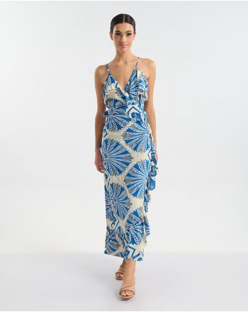 ΜΑΚΡΥ ΦΟΡΕΜΑ  ΚΡΟΥΑΖΕ ΛΕΥΚΟ ΜΕ ΜΠΛΕ/ ΧΡΥΣΕΣ ΛΕΠΤΟΜΕΡΕΙΕΣ ONE SIZE (60% SILK 40% POLYESTER)