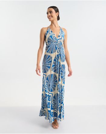 ΦΟΡΕΜΑ ΜΑΚΡΥ ΕΞΩΠΛΑΤΟ ΛΕΥΚΌ ΜΕ ΜΠΛΕ/ ΧΡΥΣΕΣ ΛΕΠΤΟΜΕΡΕΙΕΣ ONE SIZE (60% SILK 40% POLYESTER)