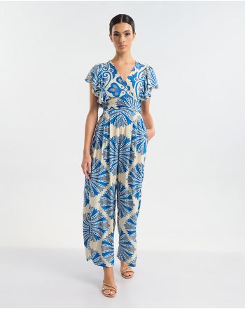 LONG SHORTSLEEVED JUMPSUIT IN WHITE COLOR WITH BLUE/GOLD DETAILS ONE SIZE (60% SILK 40% POLYESTER)