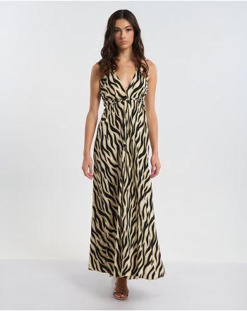 ΦΟΡΕΜΑ ΜΑΚΡΥ ΕΞΩΠΛΑΤΟ ΕΚΡΟΥ/ΜΑΥΡΟ ΜΕ ΖΕΒΡΕ ΛΕΠΤΟΜΕΡΕΙΕΣ ONE SIZE (60% SILK 40% POLYESTER)