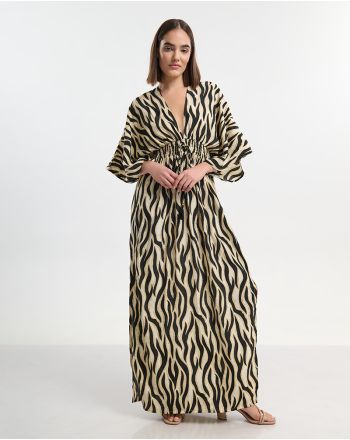 LONG DRESS WITH 3/4 SLEEVES IN ECRU/BLACK WITH ZEBRA DETAILS ONE SIZE (60% SILK 40% POLYESTER)
