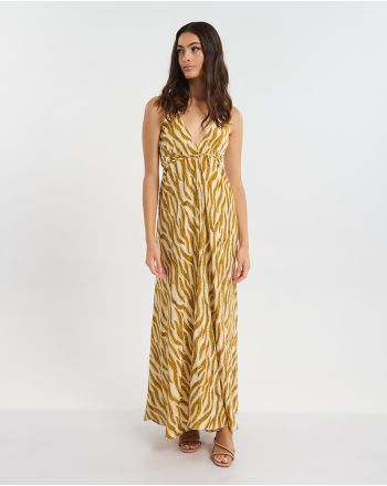 ΦΟΡΕΜΑ ΕΞΩΠΛΑΤΟ ΜΑΚΡΥ ΚΑΦΕ/ΜΟΥΣΤΑΡΔΙ ΖΕΒΡΕ ONE SIZE (60% SILK 40% POLYESTER)