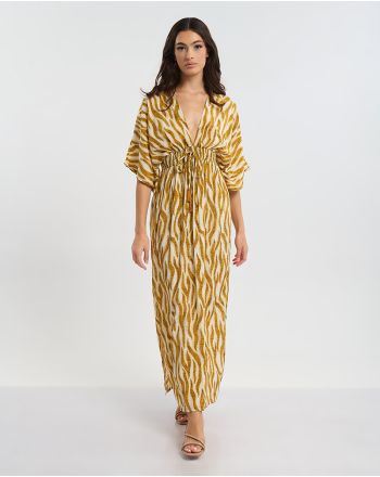 LONG DRESS WITH 3/4 SLEEVES BROWN/MUSTARD ZEBRA ONE SIZE  (60% SILK 40% POLYESTER)
