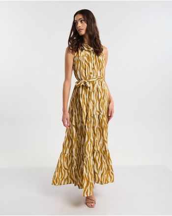 ΦΟΡΕΜΑ ΜΑΚΡΥ ΑΜΑΝΙΚΟ ΜΕ ΚΟΥΜΠΙΑ ΚΑΦΕ/ΜΟΥΣΤΑΡΔΙ ΖΕΒΡΕ ONE SIZE  (60% SILK 40% POLYESTER)