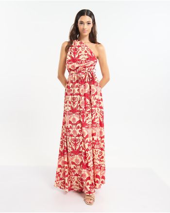 LONG ONE-SHOULDER DRESS RED/ECRU WITH FLORAL PATTERN ONE SIZE  (60% SILK 40% POLYESTER)