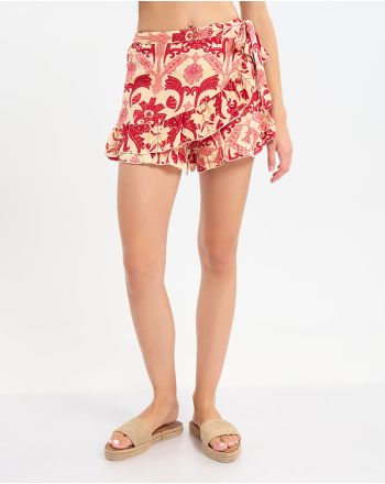 SHORT TIE-WAIST SKIRT RED/ECRU WITH FLORAL PATTERN S/M  (60% SILK 40% POLYESTER)