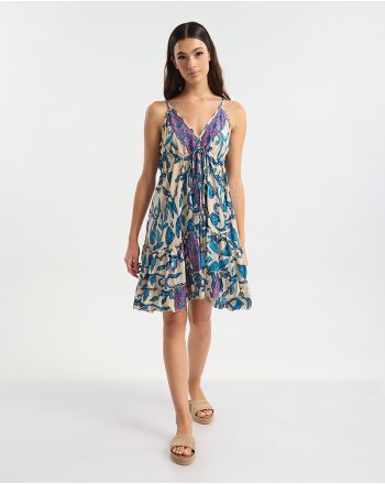 SHORT DRESS WITH STRAPS ECRU WITH BLUE/GOLD FLORAL PATTERN ONE SIZE  (60% SILK 40% POLYESTER)