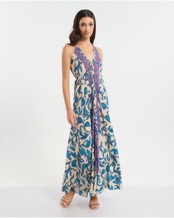 ΦΟΡΕΜΑ ΕΞΩΠΛΑΤΟ  ΕΚΡΟΥ ΜΕ ΜΠΛΕ/ΧΡΥΣΑ  ΛΟΥΛΟΥΔΙΑ ONE SIZE (60% SILK 40% POLYESTER)